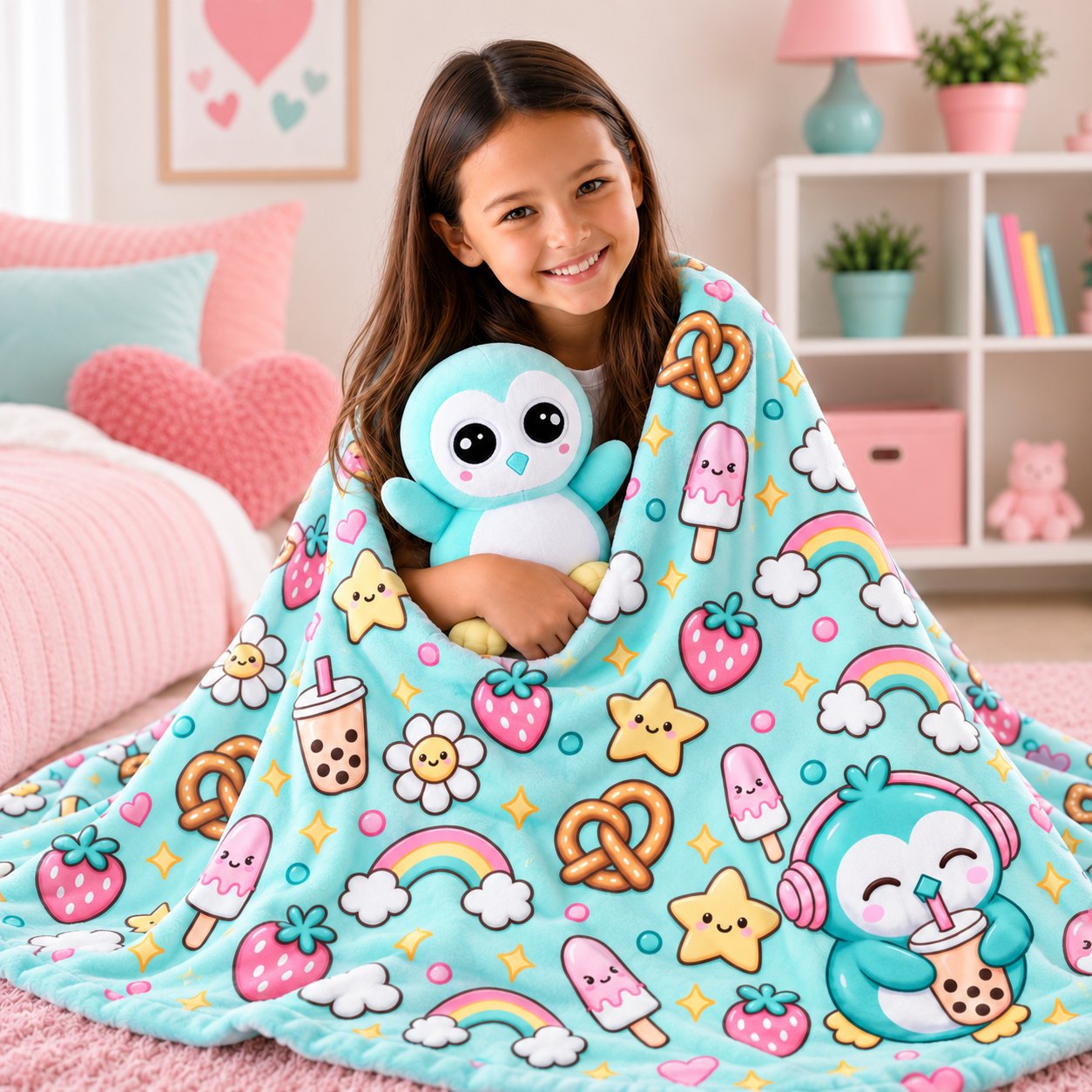Girl wrapped in a PretziPals blanket holding Pretzel the Penguin plush