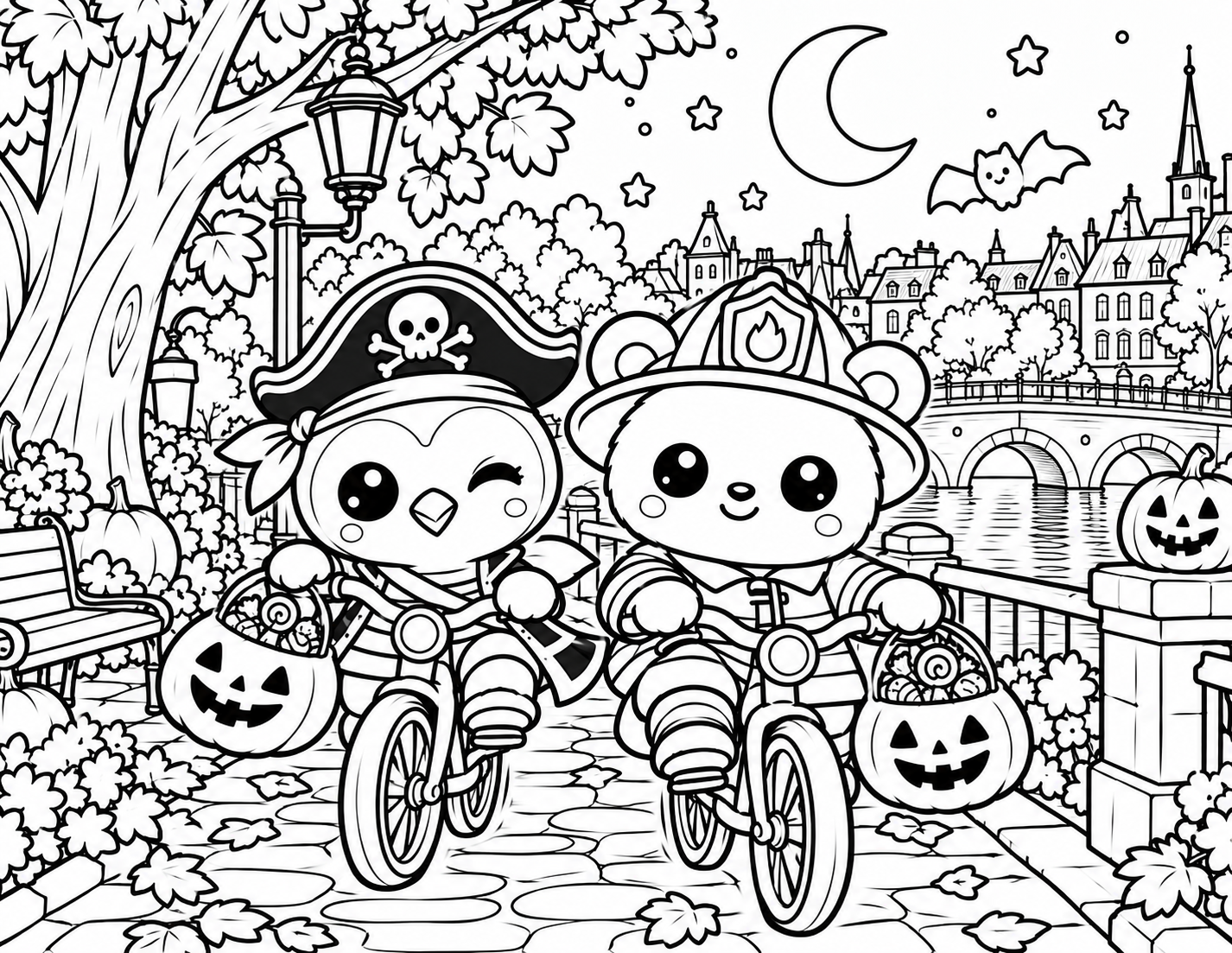Halloween on a Paris Bridge free printable coloring page