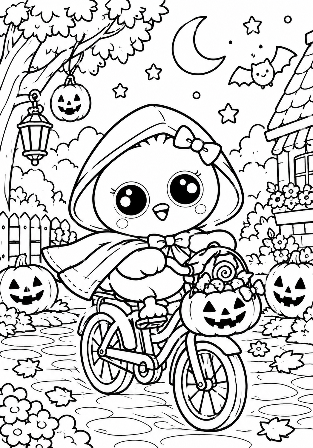 Halloween Chick Bike Ride free printable coloring page